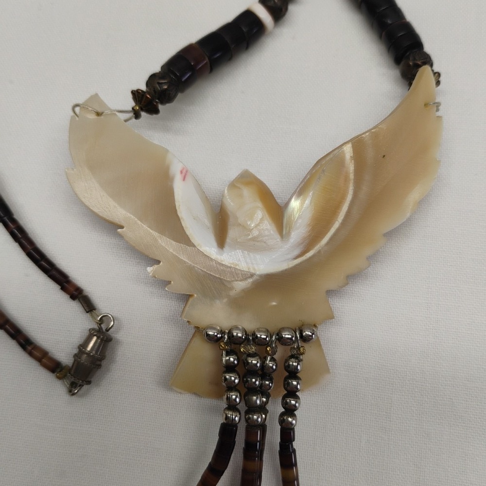 Native American Southwest Hand Carved Mother Of Pearl Eagle Turquoise Necklace - Picture 7 of 10